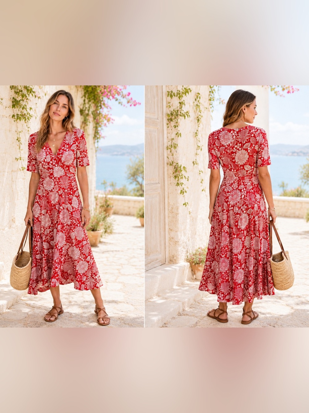 Boden Red Floral Viscose Boho Cottagecore Wrap Midi Vacation Resort Dress Size 2